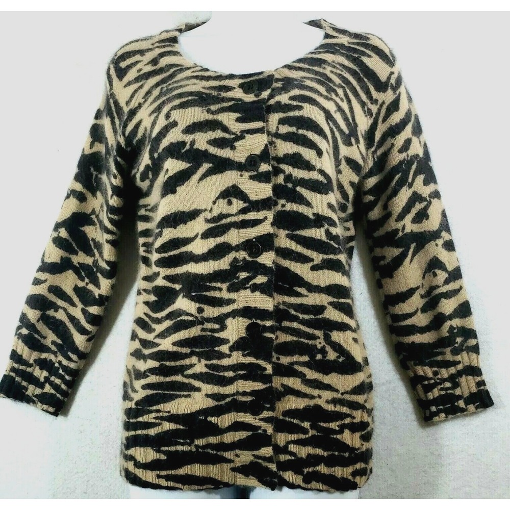 Rachel Rachel Roy Women M Cardigan Tan Black Zebra Angora Fuzzy Quiet Luxury